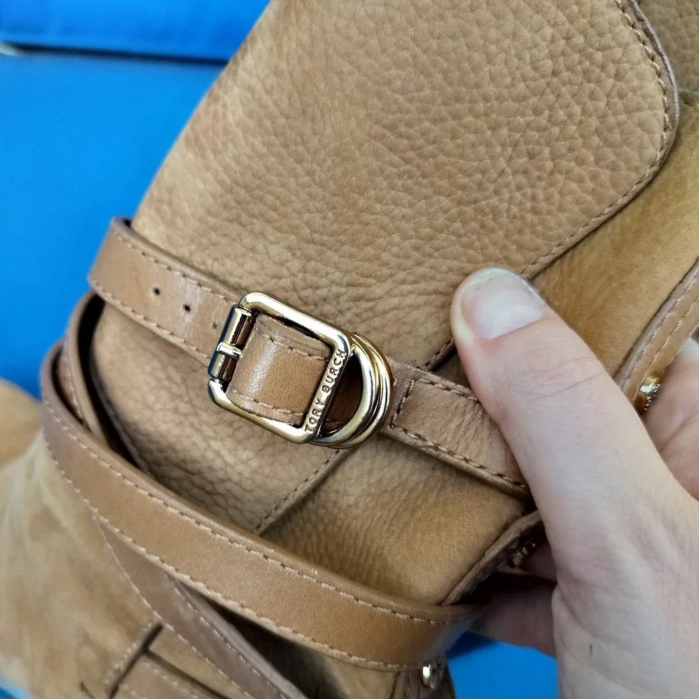 Tory Burch Tan‎ Suede Leather Strappy Buckle Block Heel Ankle Boots